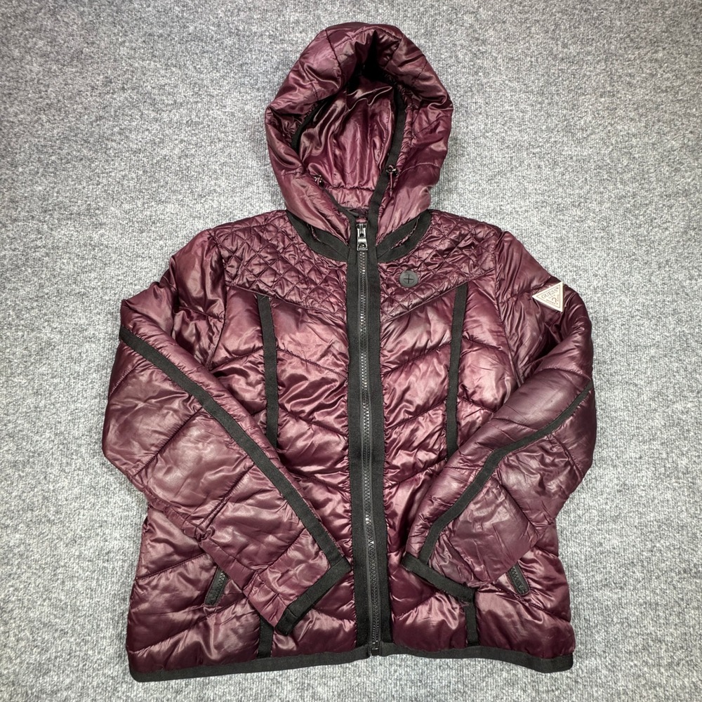 Guess Puffer Jacket Womens XL Burgundy Hooded Quilted Black Trim Zip Front